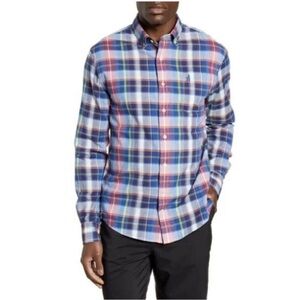 Johnnie O Ethan Hangin Out Button Front Plaid Cotton Shirt Wake Blue Size M